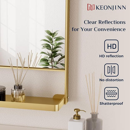 Keonjinn 18" x 28" Gold Bathroom Mirror with Shelf, Rounded Corner | Rust-Resistant, Rectangle Metal Bathroom Vanity Mirror with Storage, French Cleat Mount, Entryway, Bedroom, Hallway, Décor
