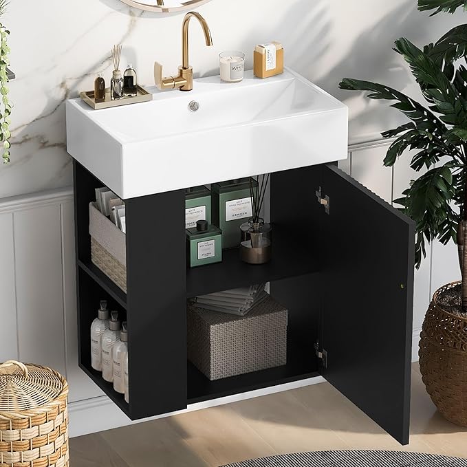 LUMISOL 21.6" Floating Bathroom Vanity with Sink, Wall Mounted Bathroom Vanity with Left Side Storage & Soft-Close Door, Small Bathroom Cabinet with Ceramic Sink, Black