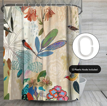 Americanflat 71x74 Floral Shower Curtain - Water-Resistant Long Shower Curtain with Metal Grommets and 12 Hooks - 100% Polyester - Botanical Bathroom Curtains - Beige, Blue, Green, Coral and Pink