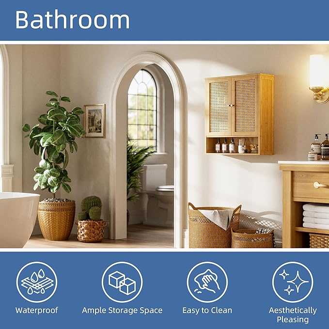 HITNET Rattan Hanging Bathroom Cabinet, Wall Mounted Bamboo Bathroom Cabinet with Double Doors and Adjustable Shelves, Storage Over The Toilet for Kitchen, Living Room, Laundry Room, Natural