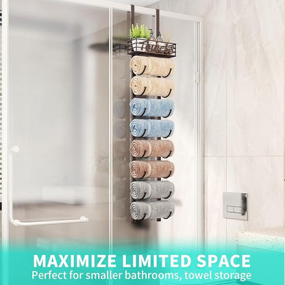 HapiRm Towel Racks for Bathroom Storage - 9 Tier Over The Door & Wall Mount Rolled Towel Storage Organizer Holder with Metal Shelf Basket for Small Bathroom, Camper, Rv - Bronze, Patented