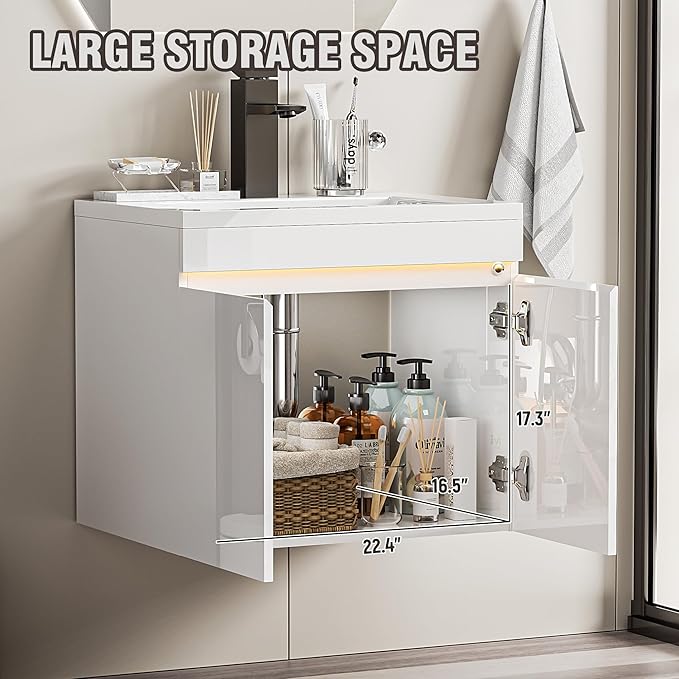 Spurgehom 24 inch Bathroom Vanity with Sink and Faucet, Floating Vanity Bathroom Cabinet with Night Light Motion Sensor, Modern Wall Mounted Bathroom Storage Cabinet, Soft-Close System, White