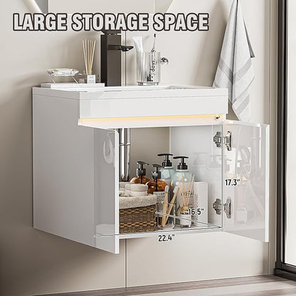 Spurgehom 24 inch Bathroom Vanity with Sink and Faucet, Floating Vanity Bathroom Cabinet with Night Light Motion Sensor, Modern Wall Mounted Bathroom Storage Cabinet, Soft-Close System, White