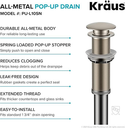 KRAUS Bathroom Sink Pop-Up Drain Assembly in Satin Nickel for Vessel Sinks and Sinks without Overflow, with Extended Thread for Thicker Countertops, PU-L10SN