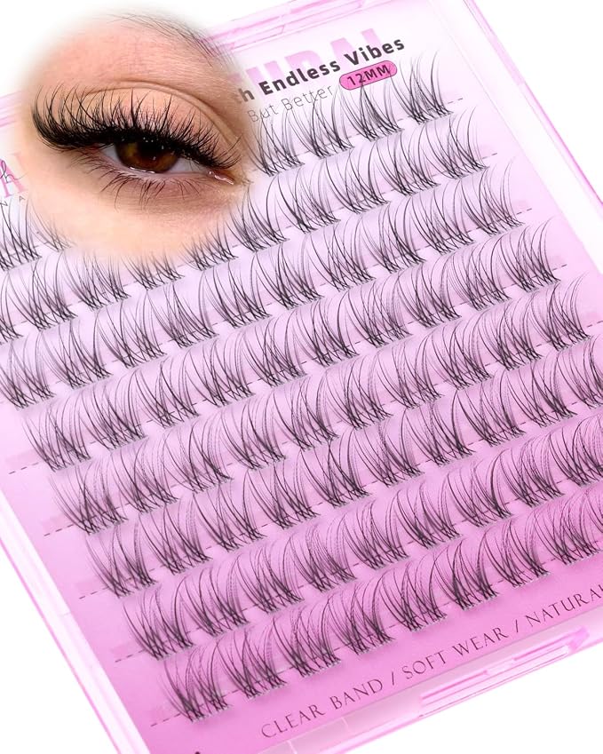 Natural Lash Clusters Only 12mm Cluster Eyelash Extensions Short Wispy Eyelash Clusters Velure Lashes Clusters with Clear Thin Band Soft Ultra-Light C Curl Individual Lashes for Clean Makeup