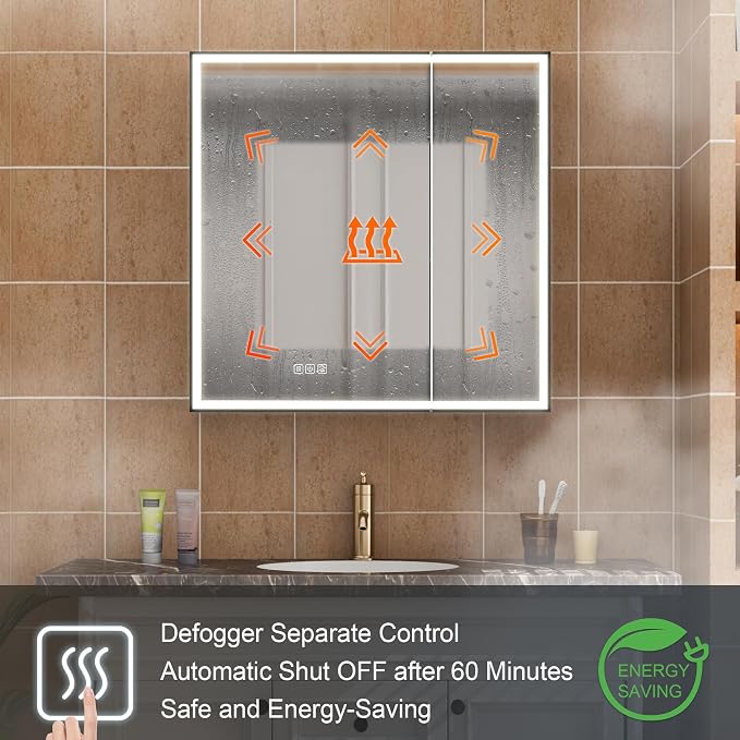 30" X 30" LED Mirrored Medicine Cabinet, Bathroom Medicine Cabinets with Lights for Bathroom, Defogging Function Mirror Cabinet, Medicine Cabinet with USB Port & Outlet, Double Doors