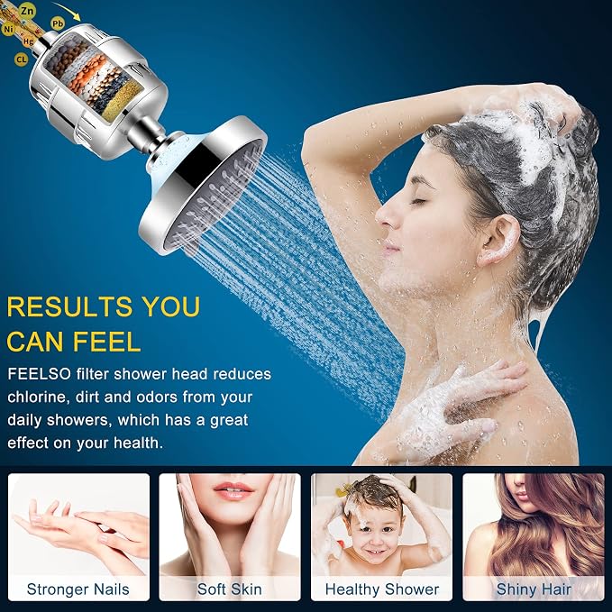 FEELSO Shower Head with Shower Filter, Filtered Shower Head for Hard Water | High Pressure, Anti-clog Nozzles, 5 Spray Showerhead, 15 Stage Water Softener Filters, Remove Chlorine and Harmful Substances