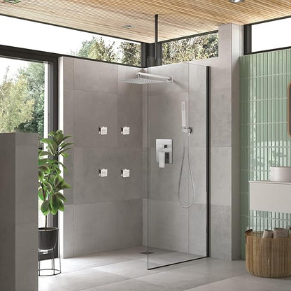 Full Body Shower System Concealed Shower Faucet Set with Body Massage Jets 10 Inch Shower Head Trim Kit 3 Function Wall Mount High Pressure for Bathroom