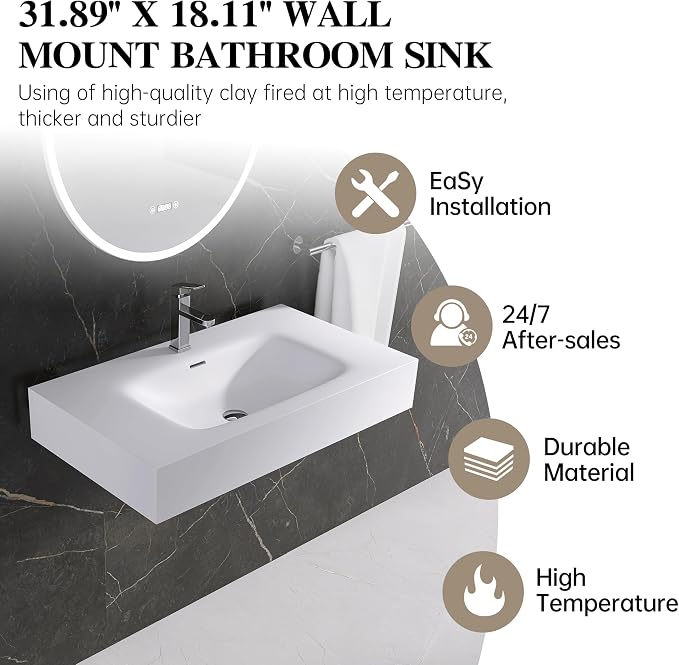 Wall Mount Bathroom Sink 31.9"L x 18"W x 5"H, Resin Stone Floating Sink with Single Facuet Hole, Rectangle Countertop Freestanding Vessel Sinks