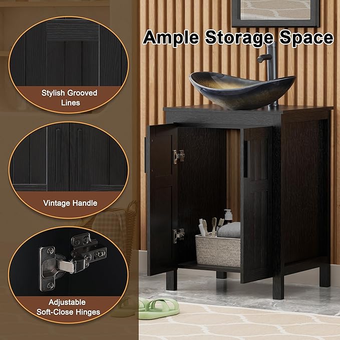 UEV Black 24" Bathroom Vanity with Sink Combo,Modern Freestanding Sink Cabinet,Stylish Bathroom Vanity Cabinet,Grooved Double Doors,Metal Handles,Champagne Boat Tempered Glass Vessel Sink(029CH)