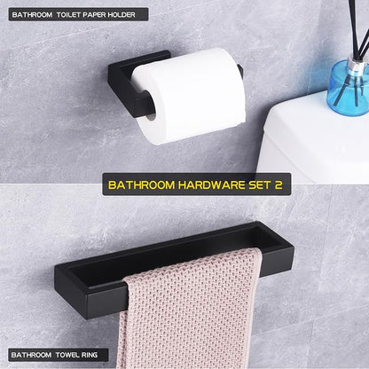 GERZWY Bathroom Accessory 2-Piece Set SUS 304 Stainless Steel Toilet Paper Holder Towel Ring Wall Mount, Matte Black HG1708-2BK