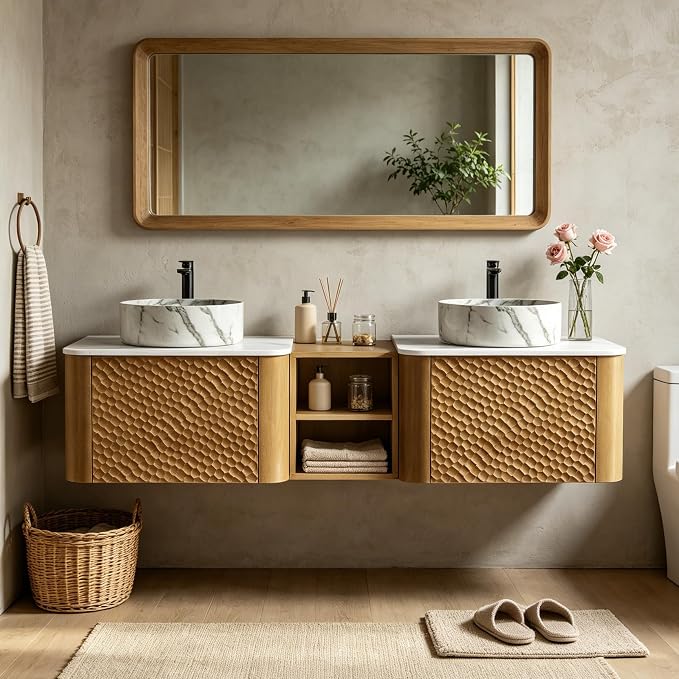 60 Inch Double Vanity with Sink Set, Floating Bathroom Sink Cabinet with Sintered Stone Top&Solid Wood Hammered Frame, Double Bathroom Vanities w/Soft-Close Drawers&1 Side Open Cube