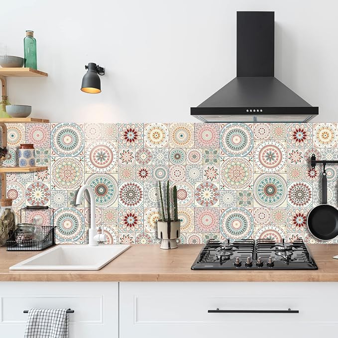Easy Peel Stick Vinyl DIY wall Tile Decals Stick on backsplash,28pcs | 4,6,8in square tiles in 1 pack,waterproof tiles for kitchen RV laundry backsplash,remove no damage,pink mandala pattern