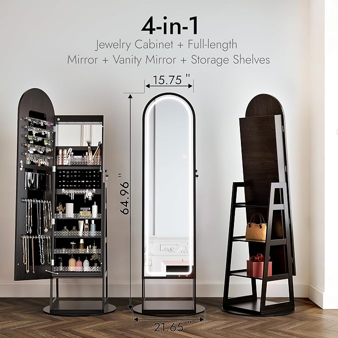 Zamilidon Full Length Mirror LED Lockable Black Standing Jewelry Armoire | Secure lock design, multi-layer jewelry compartment, soft dimmable lighting, space-saving floor layout
