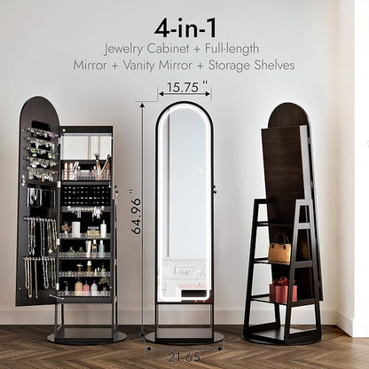 Zamilidon Full Length Mirror LED Lockable Black Standing Jewelry Armoire | Secure lock design, multi-layer jewelry compartment, soft dimmable lighting, space-saving floor layout