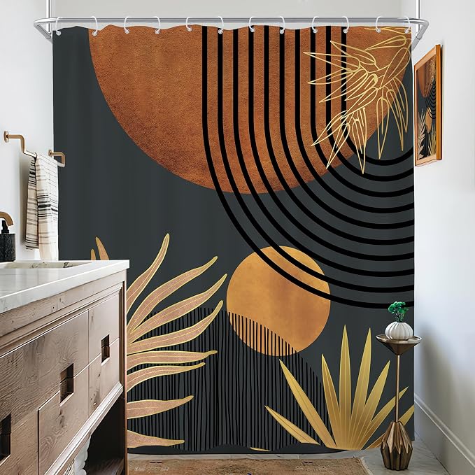 Mid Century Brown Black Boho Abstract Modern Bathroom Shower Curtain Set | 72Wx78H Plant Botanical design, waterproof HD print with fast-drying fabric and 12 hooks.