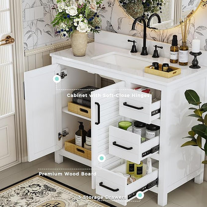 42" White Single Sink Bathroom Vanity with Top and Sink, Freestanding Modern Bath Storage Cabinet with Quartz Countertop, 3 Drawers, Soft Closing Louvered Doors, Pre-Assembled