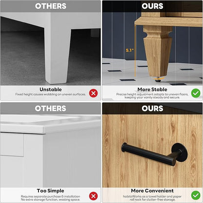 LIKIMIO 36 Inch Bathroom Vanity with Sink, Towel Holder & Adjustable Solid Wood Legs for Uneven Floor, Modern Bathroom Storage Cabinet with Tip-Out Drawer, 2 Drawers & Adjustable Shelf, Nature