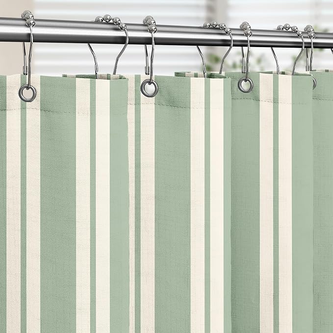 Tititex Cute Candy Cane Striped 140gsm Faux Linen Fabric Shower Curtain, Elegant Classic Sage Green Beige Shower Curtain Sets Decoration 72x78 Inch with Hooks