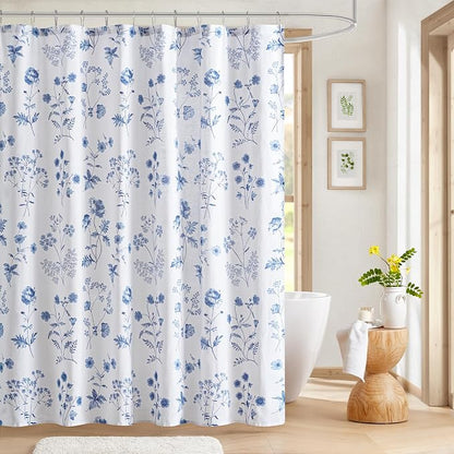 Martha Stewart Cotton Floral Extra Long Shower Curtain, 72 x 72, Blue | Martha's Garden Series, Botanical Floral Print, Spa Quality Modern, Machine Washable, Modern Bathroom Curtains