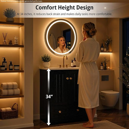 IRONCK Bathroom Vanity with Ceramic Sink, 30" Bathroom Cabinet, Black | Features a Ceramic Sink, 3 Doors, 1 Drawer and Flexible Side Storage for Organized Bathroom Storage