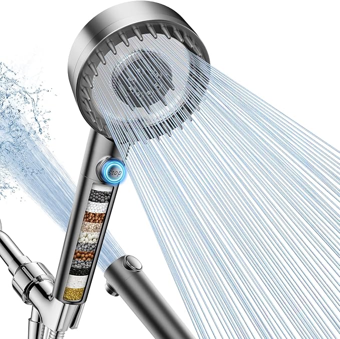 Filtered Shower Head with Handheld, High Pressure Showerhead with Filters | 4 Spray, ON/OFF Switch for Pets, Detachable Shower Heads with Water Softener Filter Beads for Hard Water- Remove Chlorine