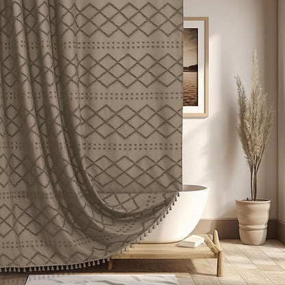 Boho Farmhouse Shower Curtain, 72 x 72 Tufted Chevron Textured Striped Modern Minimalist Cloth Shower Curtain for Bathroom