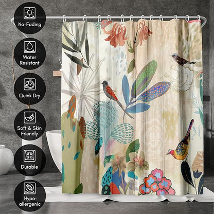 Americanflat 71x74 Floral Shower Curtain - Water-Resistant Long Shower Curtain with Metal Grommets and 12 Hooks - 100% Polyester - Botanical Bathroom Curtains - Beige, Blue, Green, Coral and Pink
