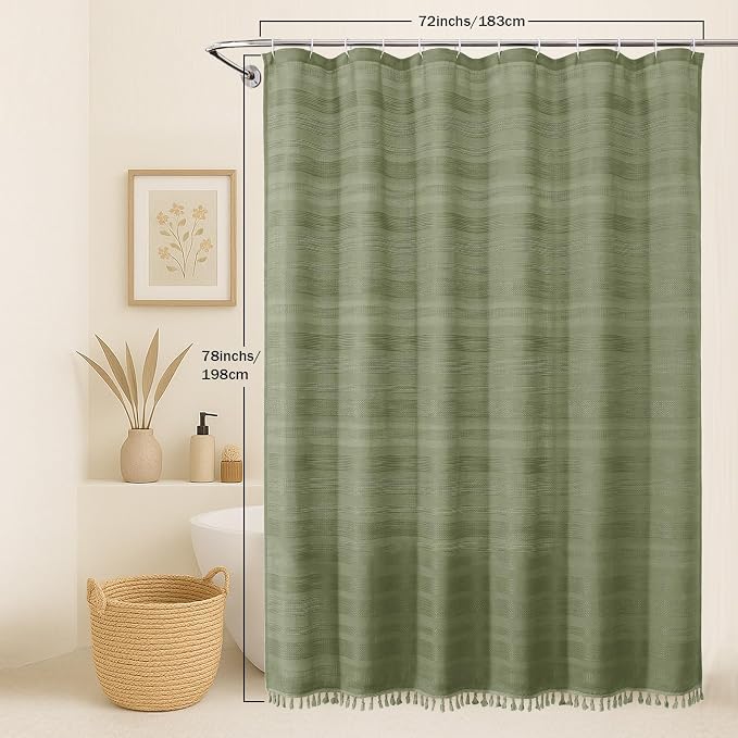 Sage Green Shower Curtain 78 Inch Long, Boho Thick Linen Textured Shower Curtain with Tassel, Farmhouse Minimalist Striped Weighted Machine Washable Bathroom Decor, 72Wx78L Inches