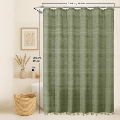 Sage Green Shower Curtain 78 Inch Long, Boho Thick Linen Textured Shower Curtain with Tassel, Farmhouse Minimalist Striped Weighted Machine Washable Bathroom Decor, 72Wx78L Inches
