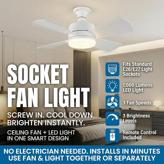 SOCKET BREEZE 15.4" Socket Fan Light Celing Fan with Remote Control | 1000 Lumens, 3 Speed & Light Modes, Portable Easy to Install Ceiling Fans Replacement for Bedroom, Bathroom, Living Room