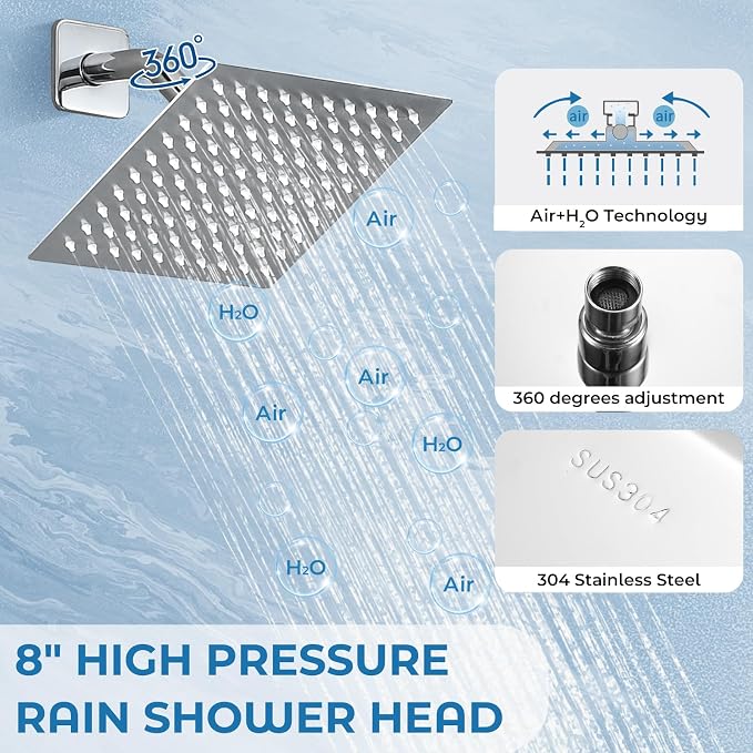 8" Square Rainfall Shower Faucet Set with Tub Spout, Chrome | Wall Mounted, Single Handle, Rough-in Valve, 1/2" NPT, Air Pressure Boost