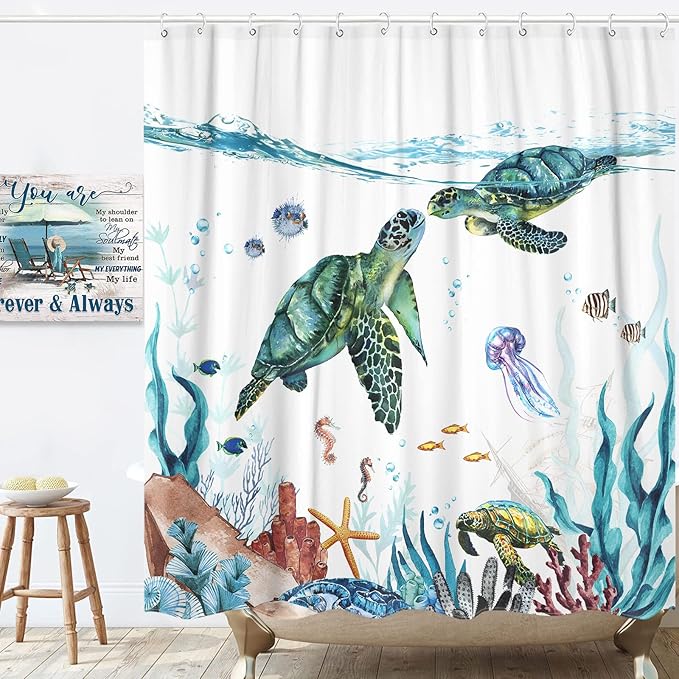 Fowocu Sea Turtle Extra Long Shower Curtain Teal Blue Ocean Waterproof Fabric Shower Curtains for Bathroom with Funny Animal Octopus Starfish Anchor Fish Nautical Bath Curtain Decor (Teal, 72''×78'')