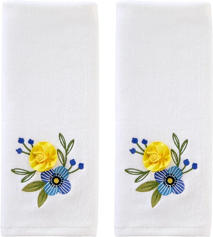 SKL Home Summer Floral Hand Towel Set-2pc, 100% Cotton, Embroidered, White | Soft velour with 3D embellishment. For use in the bathroom, kitchen, or any sink space & makes a great gift.
