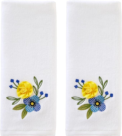 SKL Home Summer Floral Hand Towel Set-2pc, 100% Cotton, Embroidered, White | Soft velour with 3D embellishment. For use in the bathroom, kitchen, or any sink space & makes a great gift.