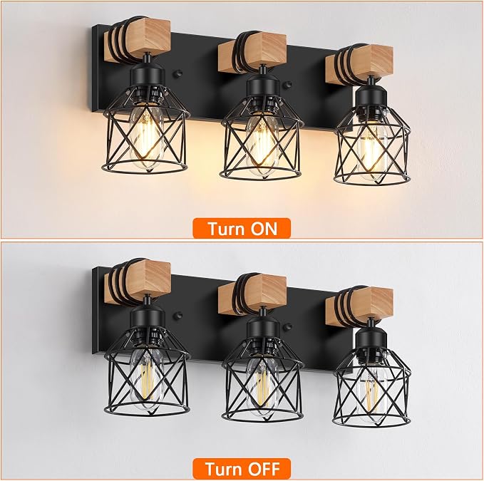 FadimiKoo 3-Light Bathroom Vanity Lights, Farmhouse Bathroom Light Fixtures | Rustic Wood & Black Metal Shade, Wood Bathroom Lighting Fixtures Over Mirror, Wall Sconces for Bathroom Bedroom Living Room