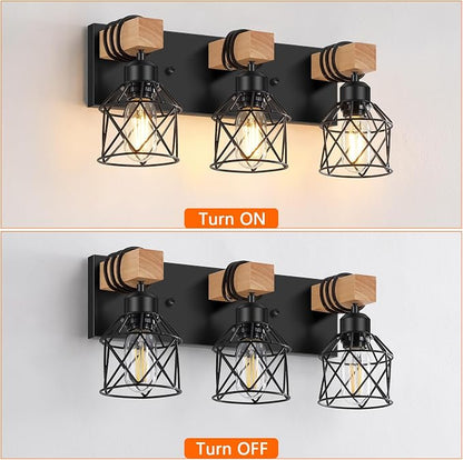 FadimiKoo 3-Light Bathroom Vanity Lights, Farmhouse Bathroom Light Fixtures | Rustic Wood & Black Metal Shade, Wood Bathroom Lighting Fixtures Over Mirror, Wall Sconces for Bathroom Bedroom Living Room