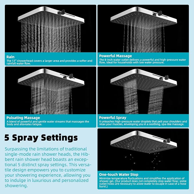 Hibbent Rain Filtered Shower Head, 13'' High Pressure Rainfall 5 Modes Showerhead with 16" Shower Head Extension Arm, Solid Brass Adjustable Shower Arm Extender, 20 Stage Shower Filter, Chrome