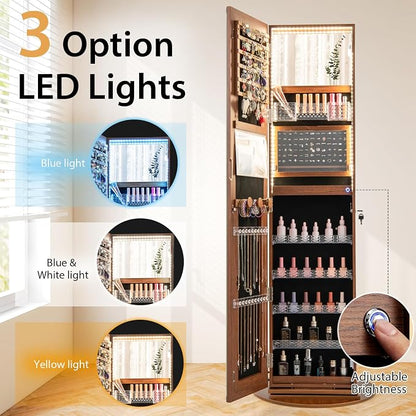 GOFLAME 360° Swivel Jewelry Cabinet Armoire with Full Length Mirror, Standing Jewelry Storage Organizer with Rear Storage Shelves, 3-Color LED Lights, Foldable Shelf, Interior Mirror, Walnut
