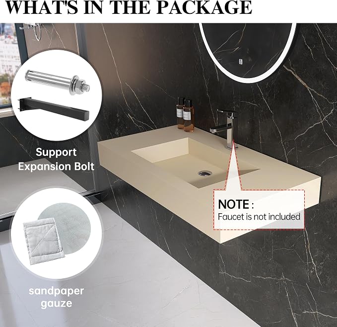 35" x 19" Bathroom Sink with Single Faucet Hole, Stone Resin Wall Mount Sink, Rectangle Solid Surface Vessel Sinks for Bathroom, Floating or Countertop Vessel Sinks, Latte Color