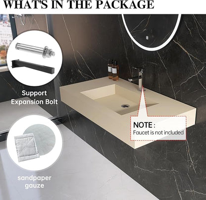 35" x 19" Bathroom Sink with Single Faucet Hole, Stone Resin Wall Mount Sink, Rectangle Solid Surface Vessel Sinks for Bathroom, Floating or Countertop Vessel Sinks, Latte Color