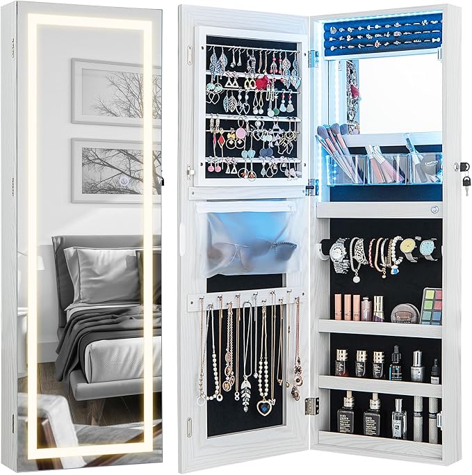 CHARMAID LED Mirror Jewelry Cabinet, Lockable Jewelry Armoire with Adjustable Lighted Full Length Mirror, 3 Lighting Sets, Wall Mounted Door Hanging Jewelry Storage Organizer (Grayish White, 42.5''H)