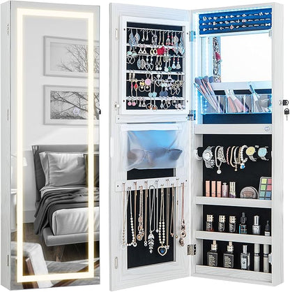 CHARMAID LED Mirror Jewelry Cabinet, Lockable Jewelry Armoire with Adjustable Lighted Full Length Mirror, 3 Lighting Sets, Wall Mounted Door Hanging Jewelry Storage Organizer (Grayish White, 42.5''H)