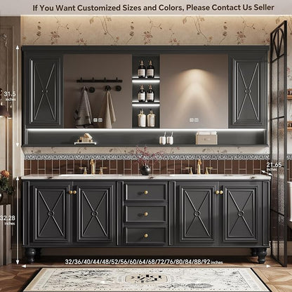 Double Sink Bathroom Vanity, Luxurious Bathroom Vanity with LED Smart Defog Mirror, Solid Freestanding Wood Vanity Sink Cabinet