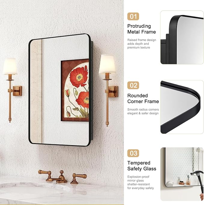14x18 in Medicine Cabinet with Mirror for Small Space, Matte Black | Fully Assembled; Recessed or Surface Mount; Metal Construction with One Adjustable Glass Shelf for Flexible Storage