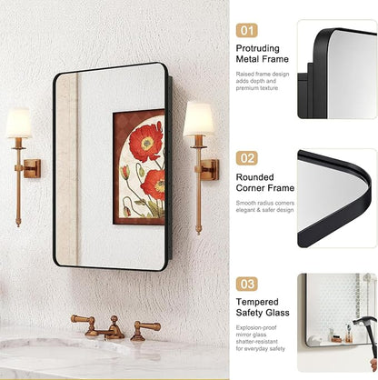 14x18 in Medicine Cabinet with Mirror for Small Space, Matte Black | Fully Assembled; Recessed or Surface Mount; Metal Construction with One Adjustable Glass Shelf for Flexible Storage