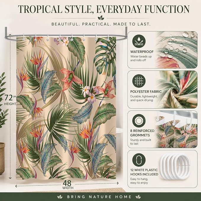 Tropical Shower Curtain, Colourful Leaves Floral Palm Leaf Hawaiian Botanical Plant Bathroom Decor, Waterproof Cloth Fabric Bath Curtain with Hooks 48 x 72 inch