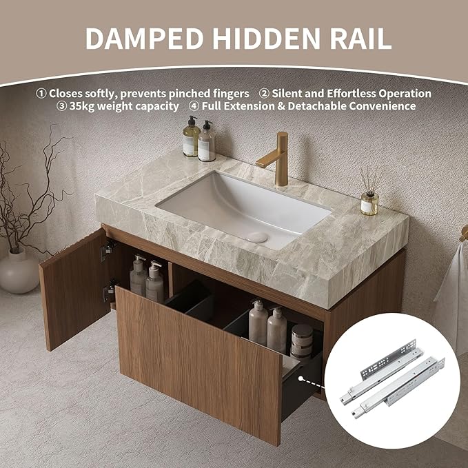 Bathroom Vanity with Sink 36 Inch, Floating Bathroom Vanity Sink Cabinet with Drawer and Door, Undermount Sink & Light Gray Sintered Stone Top, Pre-Assembled,Brown Oak