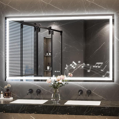 Keonjinn 60 x 36 Inch Lighted Mirrors for Bathroom Wall, Bluetooth Speaker | Frontlit & Backlit LED Mirror for Bathroom, 3000K/4500K/6000K, HD Tempered Glass, Dimmable, Fast & Safe Defogging, CRI90+