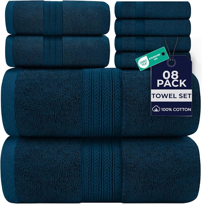 DAN RIVER 8 Piece Luxury Bath Towels for Bathroom, Towel Set, Blue Opal | 2 Bath towels, 2 Hand towels, and 4 Wash Cloths, 600 GSM 100% Ring Spun Cotton, Highly Absorbent, Gym, Hotel, guest, and Spa